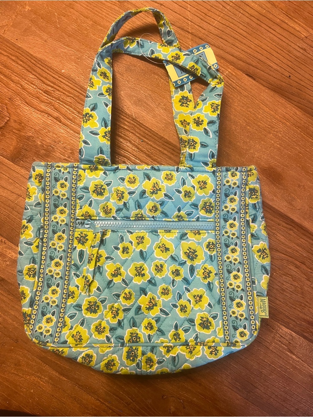 Maggi B Quilted Tote Green Floral with Small Zip Bag